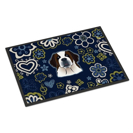 Carolines Treasures 24 x 36 in. Blue Flowers Saint Bernard Indoor or Outdoor Mat BB5097JMAT